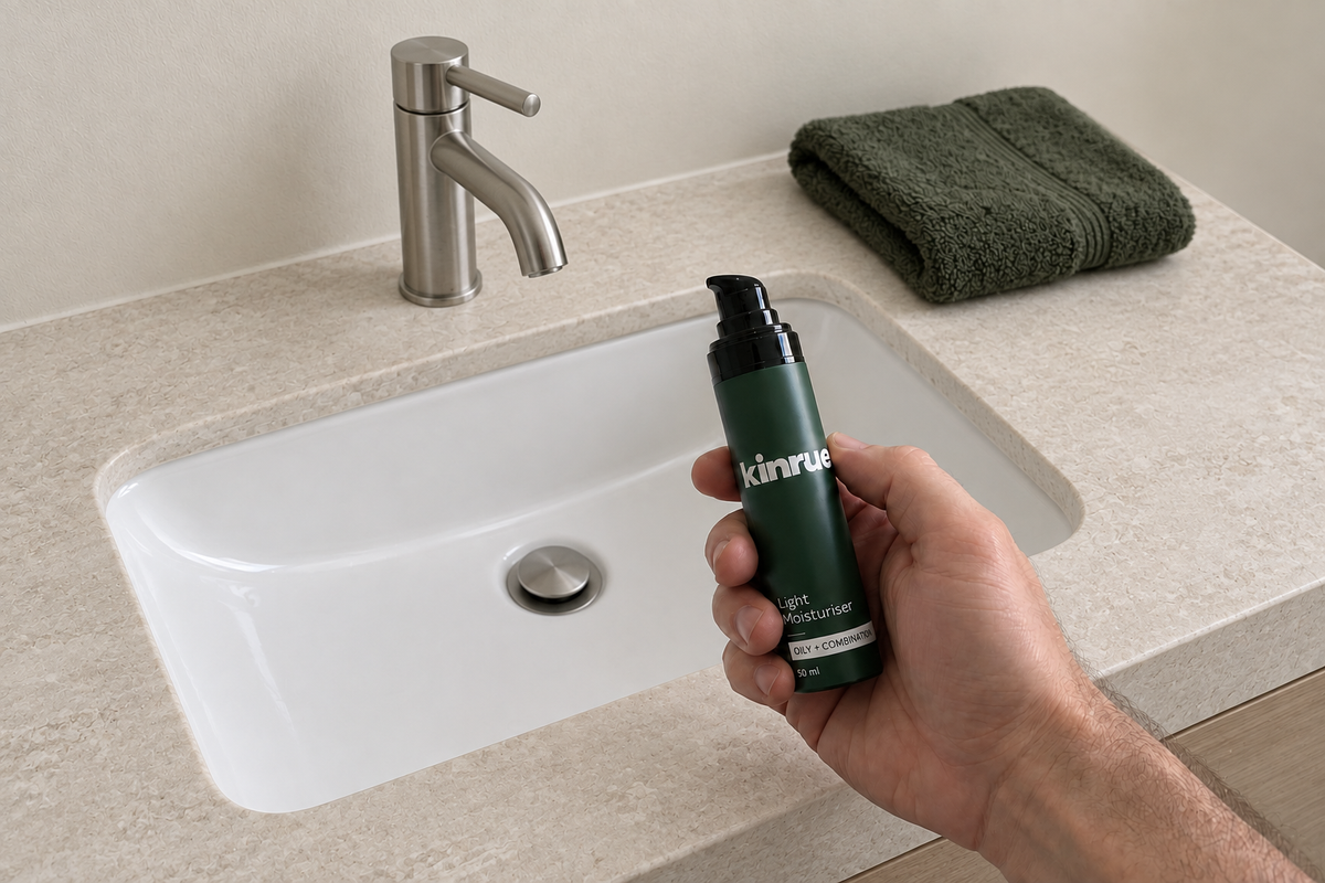 Kinrue Light Moisturiser held beside a bathroom basin
